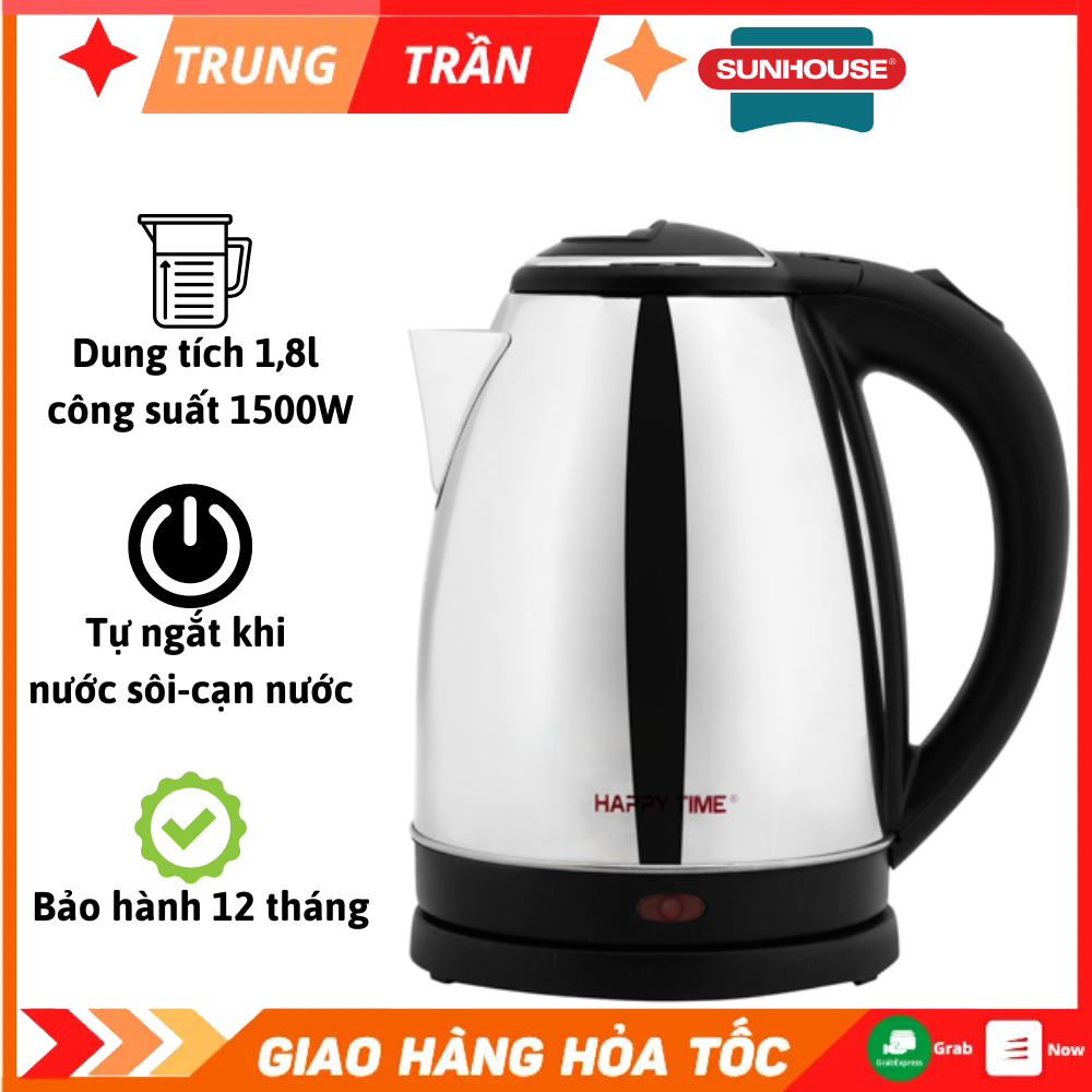 Ấm Siêu Tốc Happy Time SunHouse HTD1081 1,8l, Bình Đun Siêu Tốc Inox Cách Nhiệt, Công 1500W nấu nước tiết kiệm thời gian