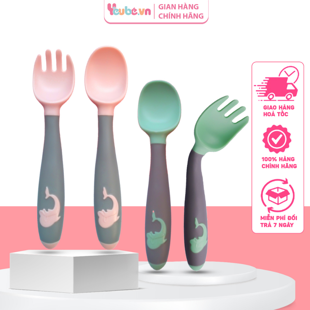 Thìa nĩa ăn dặm tập xúc tập ăn uốn cong 360 độ YEUBEVN hình cá voi kèm hộp dễ thương cho bé