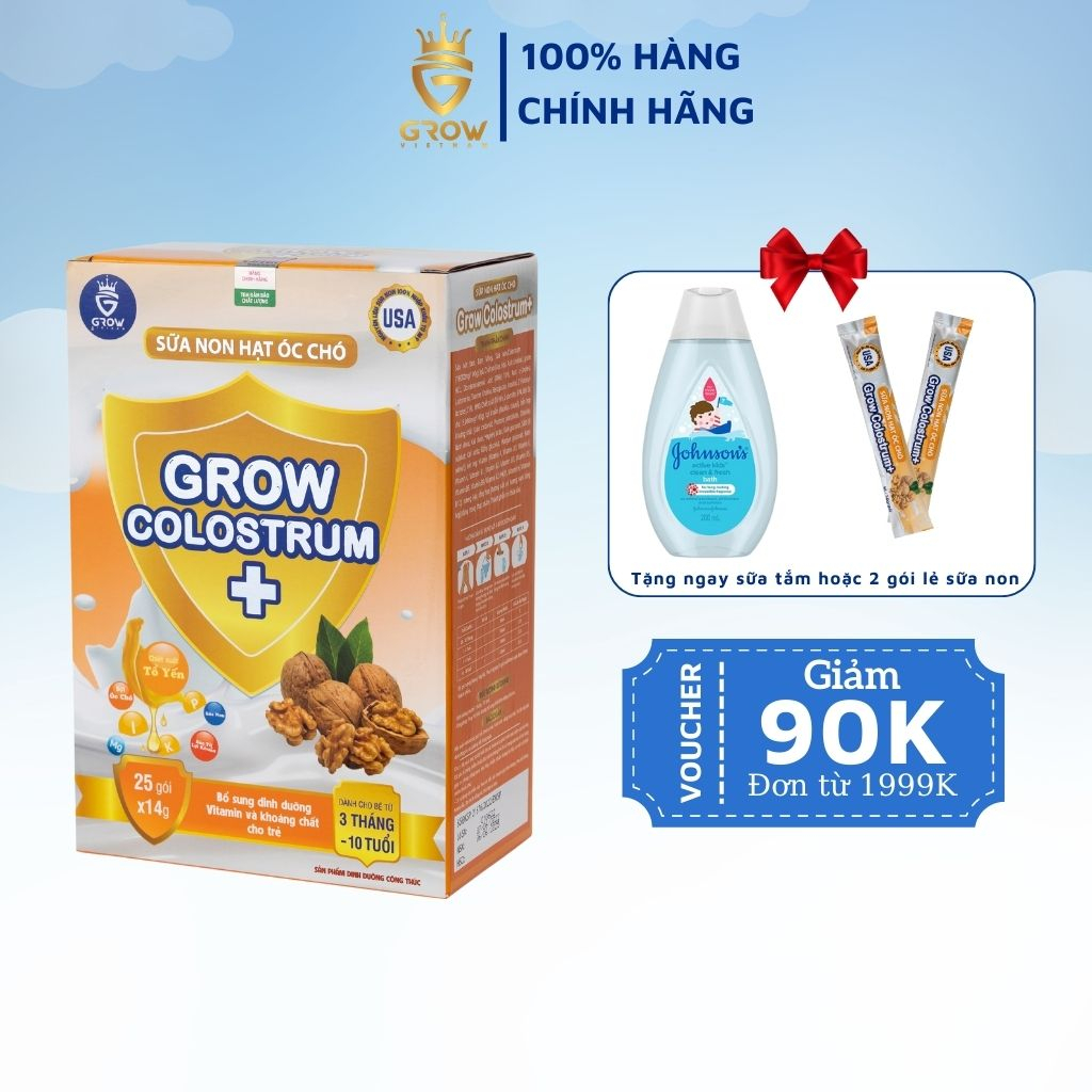 Sữa non hạt óc chó grow colostrum-hộp 25 gói x 14g dành cho trẻ từ 3 tháng-10 tuổi bổ sung dinh dưỡng vitamin cho bé