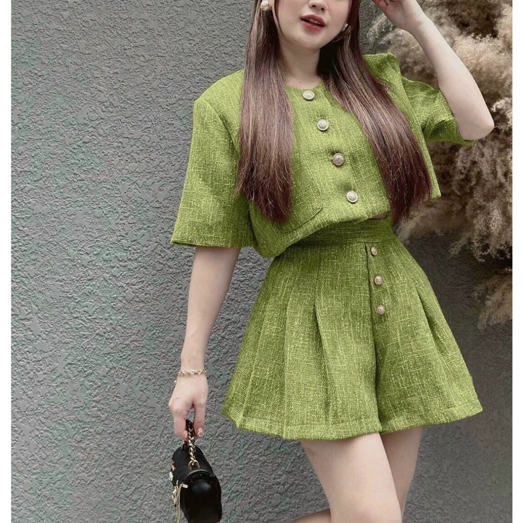 Set bộ nữ thời trang cổ tròn dài tay đính nút kèm quần đùi cực kì tôn dáng mặc đi chơi dự tiệc, siêu xinh