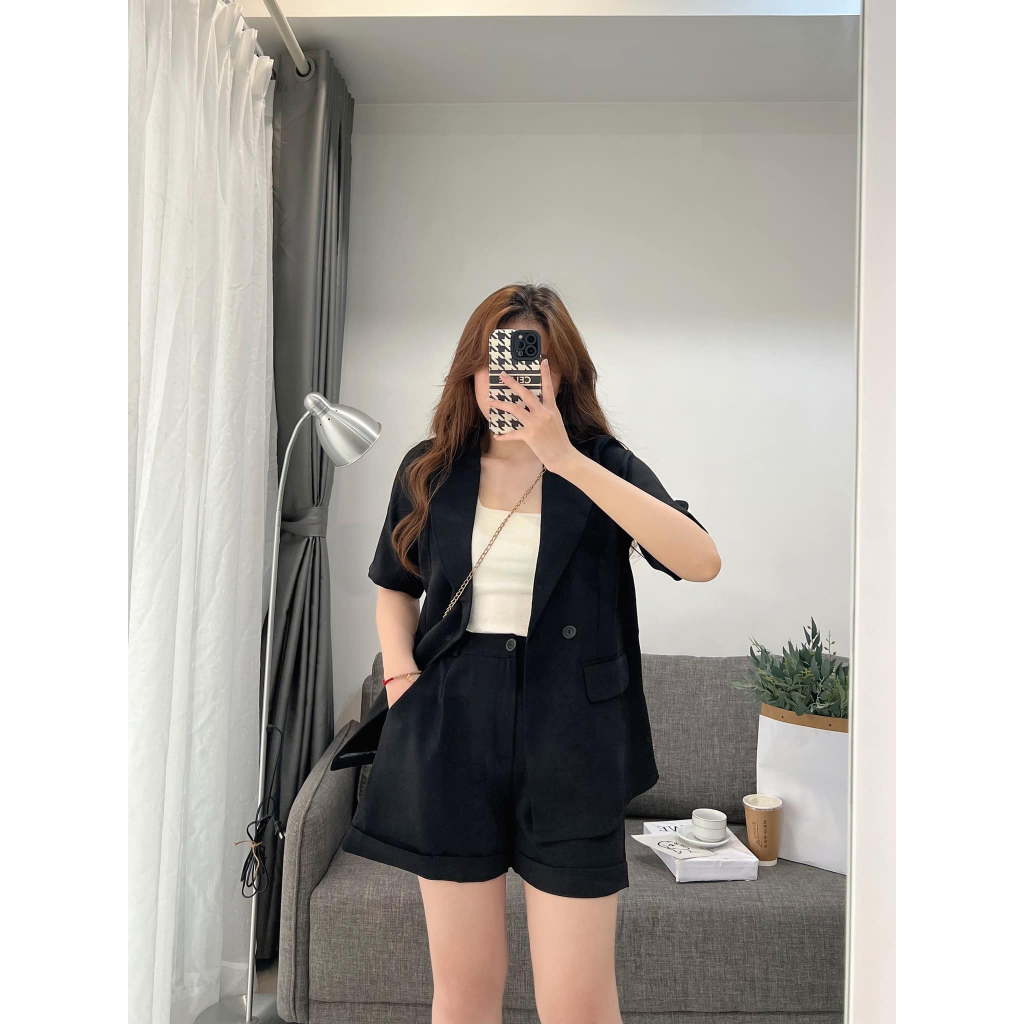 Set áo blazer cọc tay kèm quần gấp gấu phong cách hàn quốc