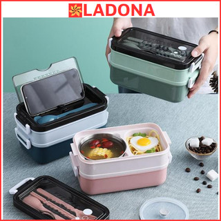 Hộp cơm giữ nhiệt hộp đựng cơm văn phòng 2 Tầng INOX 304 Giữ Nhiệt - Kèm Chén Soup & Muỗng Đũa Nĩa LADONA HC1