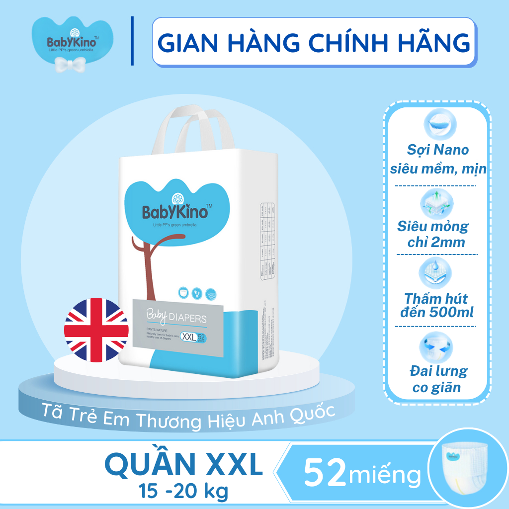 Tã quần BabYKino Siêu Mềm Mỏng Chính Hãng Size XXL 52 Miếng( 15-20kg)