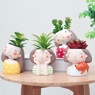 Chậu Cây Cute Chất Liệu Composite Hình Cô Gái Cậu bé Xinh Xắn, Trồng Cây Mini Sen Đá Xương Rồng