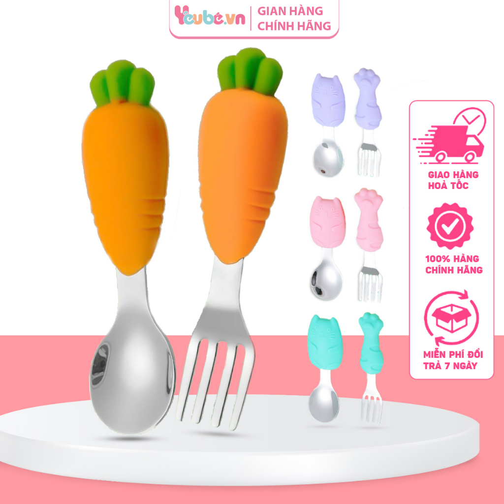 Bộ thìa nĩa tập xúc tập ăn inox cao cấp YEUBEVN cán ngắn tay cầm silicon chống trượt hộp đựng vệ sinh đi du lịch đi chơi