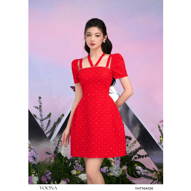 Đầm tiệc xốp đỏ cổ yếm tay phồng thiết kế sang trọng YOONA - YHT10A120