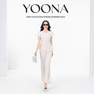 Set đồ công sở áo kiểu cộc tay quần suông dài trắng kem thanh lịch YOONA - YH14S107