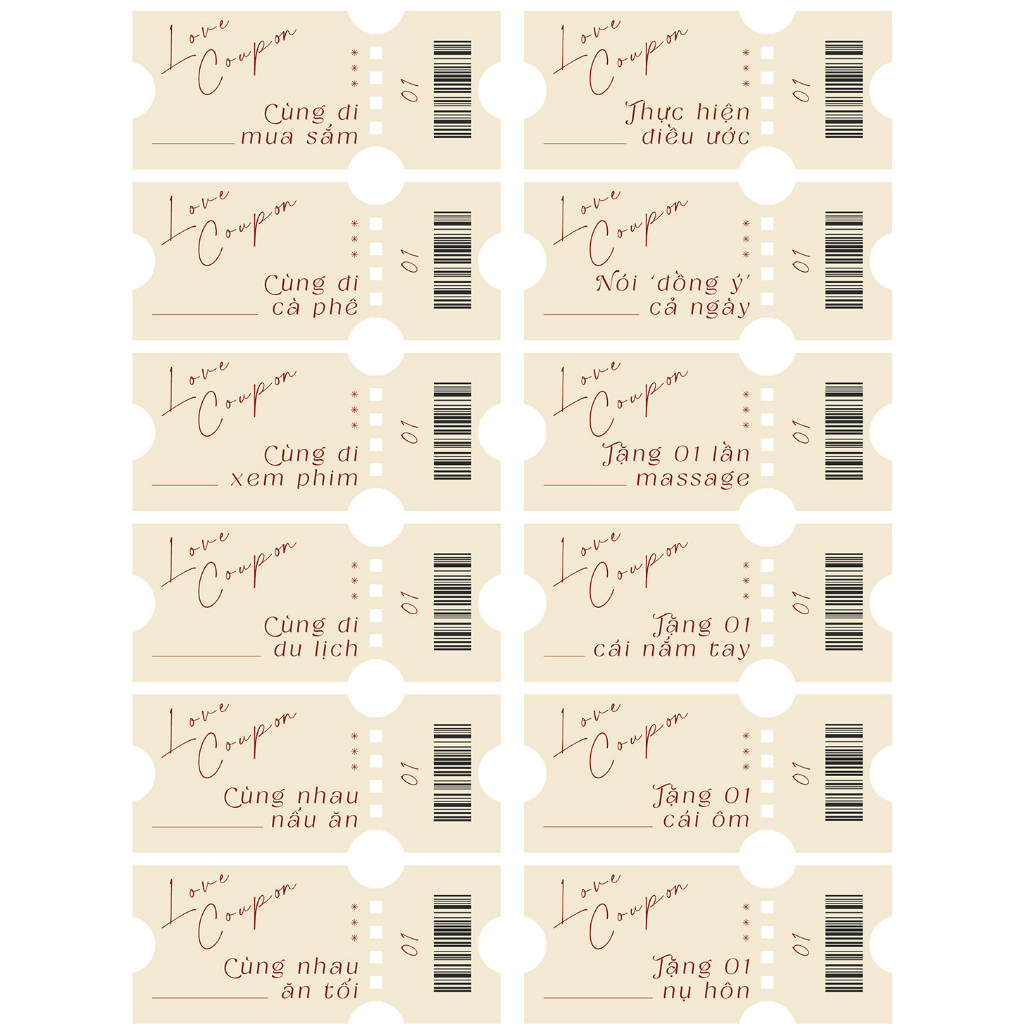 Vé tình yêu, Phiếu tình yêu, Love Coupon, Love Ticket, Quà tặng người yêu cute