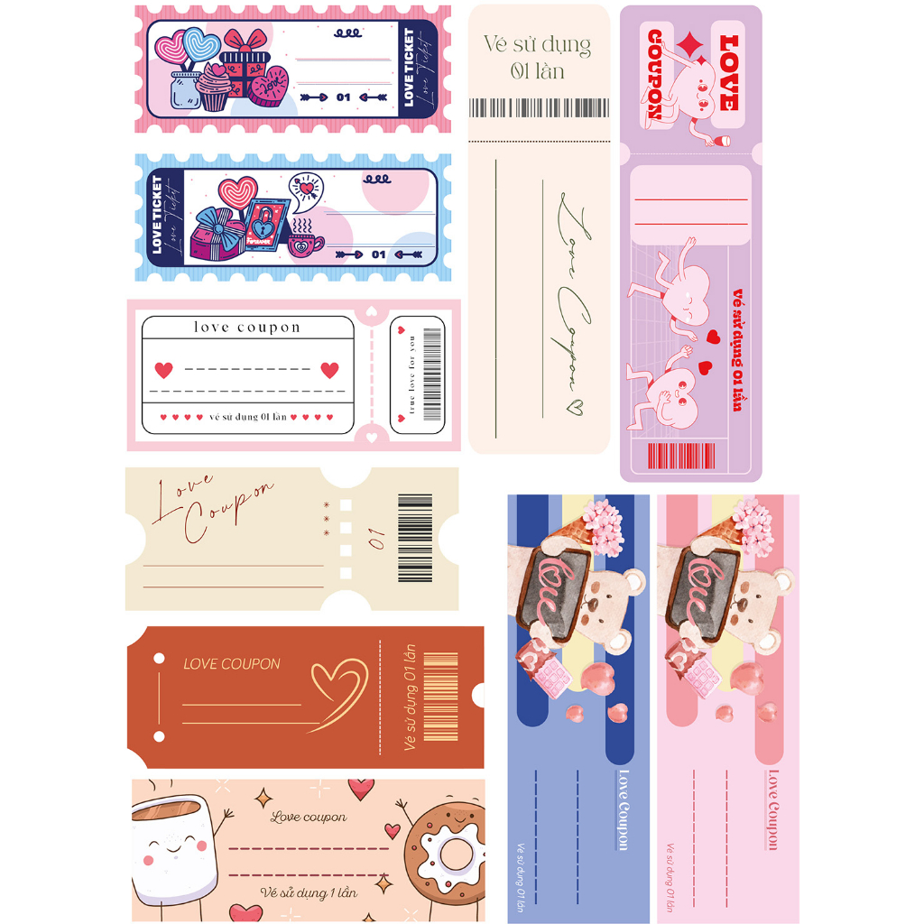 Vé tình yêu, Phiếu tình yêu, Love Coupon, Love Ticket, Quà tặng người yêu cute