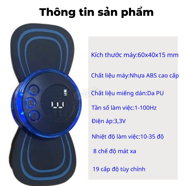 Miếng dán massage xung điện cổ vai gáy, bắp tay, lưng. 8 chế độ mát xa, pin sạc - Máy massage mini toàn thân