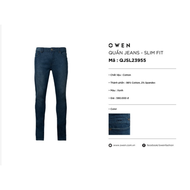 Quần Jeans OWEN QJSL23955 Xanh Thiết Kế Dáng Slim Fit Thanh Lịch Sang Trọng Chất Liệu Vải Cotton Cao Cấp