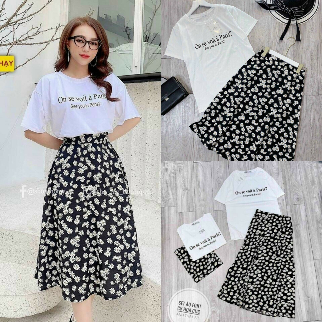 Set chân váy hoa dáng xòe mix áo cotton ngắn tay duyên đáng phù hợp đi chơi, đi dạo [798]