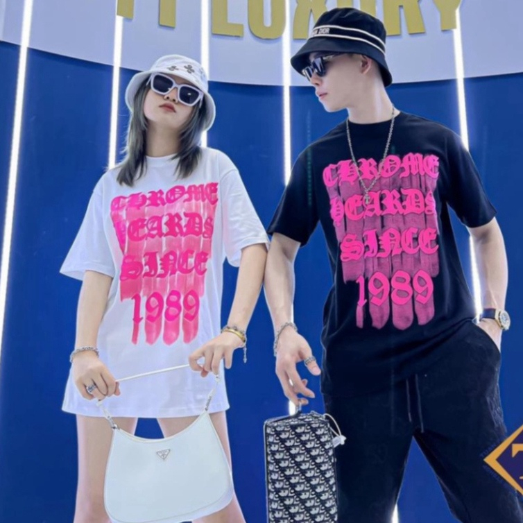 Áo phông tay lỡ Unisex GC đẹp chữ hồng loang Chrome Hearts 1989, Áo thun đôi nam nữ Premium cotton cao cấp Đen Trắng AT1 | BigBuy360 - bigbuy360.vn