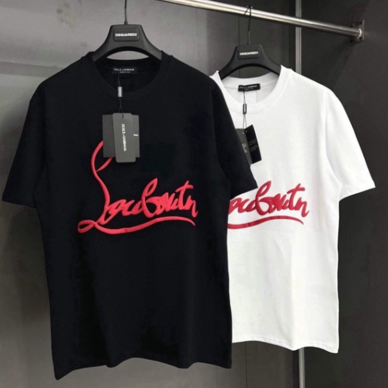 Áo phông tay lỡ Louboutin Unisex đẹp, áo thun đôi nam nữ Mikenco cổ tròn cotton 3158 co giãn 4 chiều màu đen trắng AT6 | BigBuy360 - bigbuy360.vn