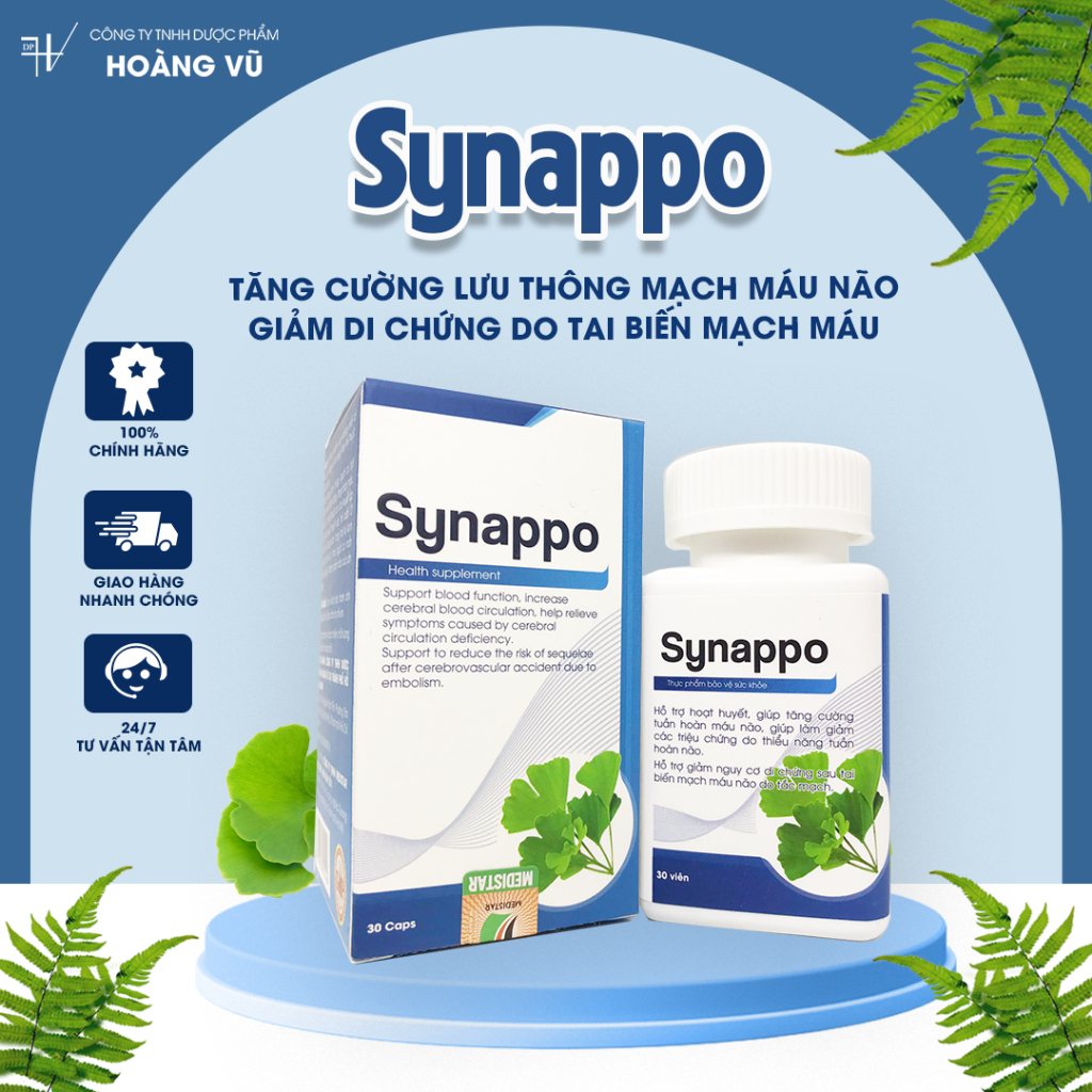 SYNAPPO - Viên uống hỗ trợ tăng cường sức khỏe não bộ, hỗ trợ tuần hoàn não và rối loại tiền đình