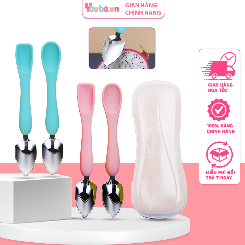 Thìa nạo hoa quả 2 đầu cho bé tập ăn dặm YEUBEVN có hộp đựng vệ sinh tiện lợi dễ dàng di chuyển mang đi du lịch đi chơi