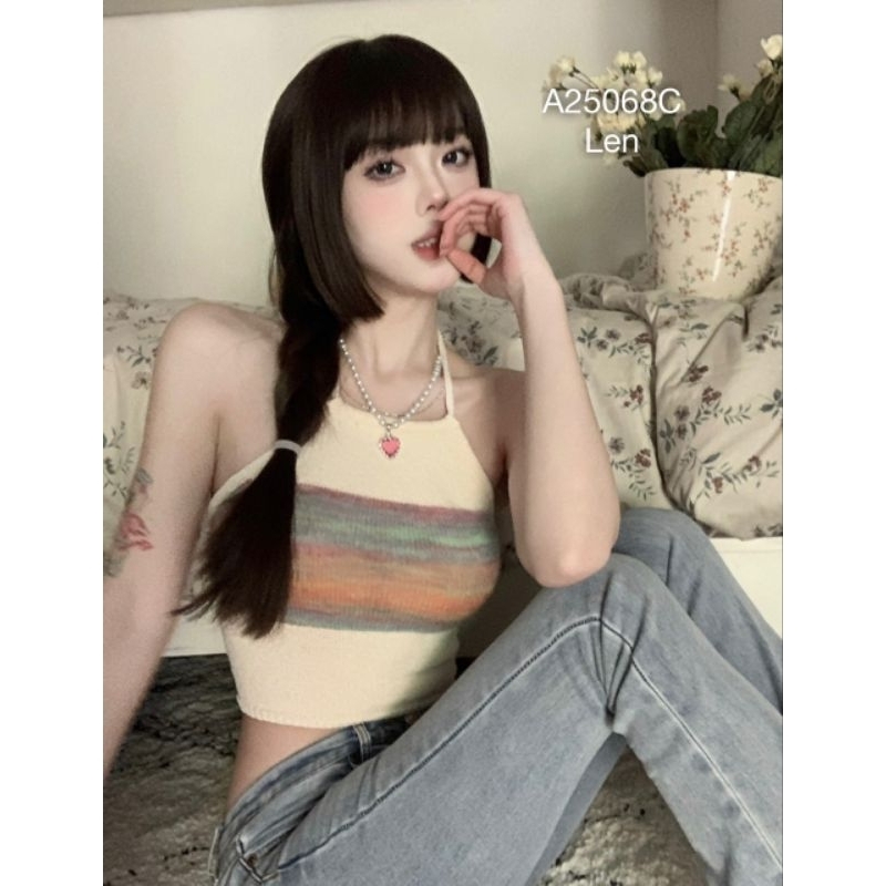 Áo dệt kim hai dây ,áo yếm sọc croptop hở lưng dáng ôm quyến rũ thời trang mùa hè cho nữ