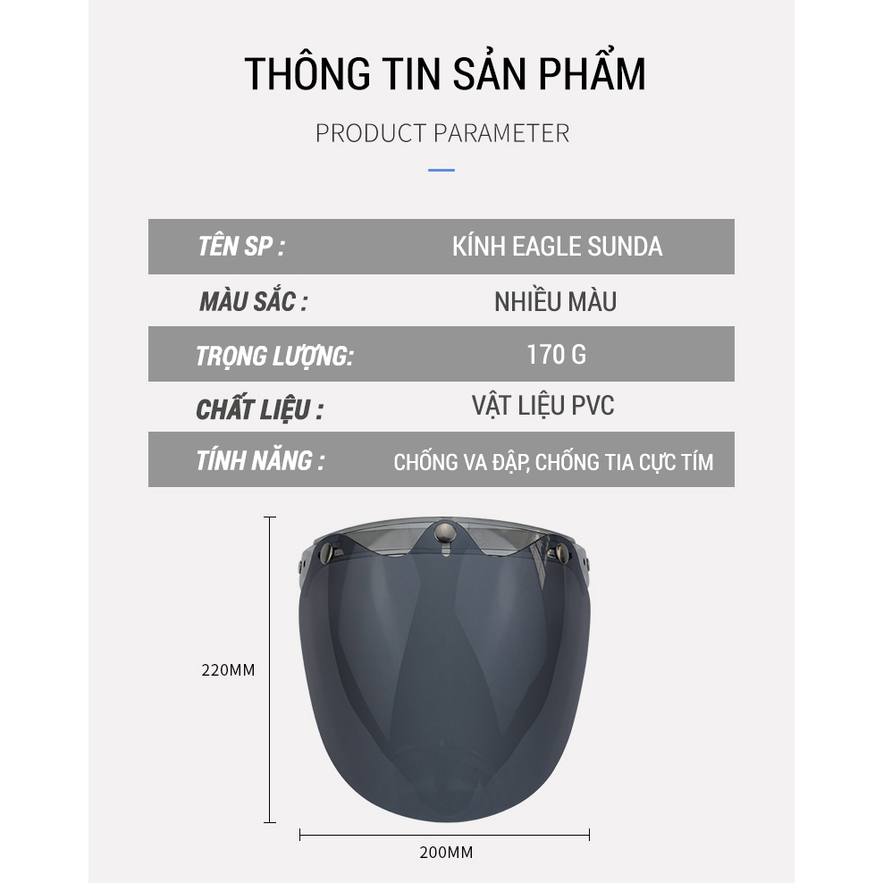 KÍNH CHẮN BỤI GẮN MŨ BẢO HIỂM 3/4 SUNDA EAGLE (NHIỀU MÀU)