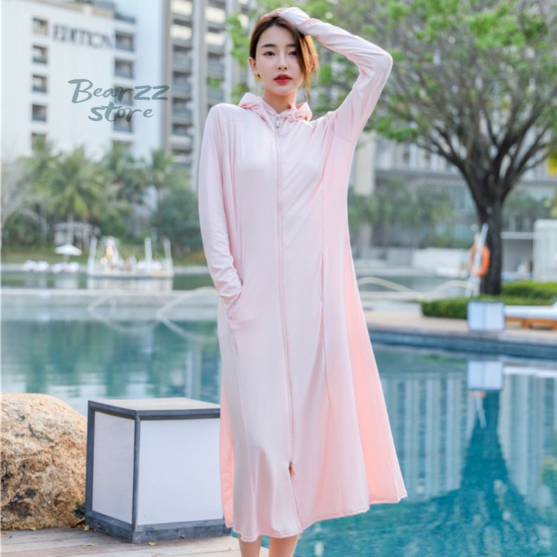 Áo chống nắng dài, trùm kín toàn thân vải thông khí, thấm nước tốt, có vành mũ lớn chống tí UV tốt