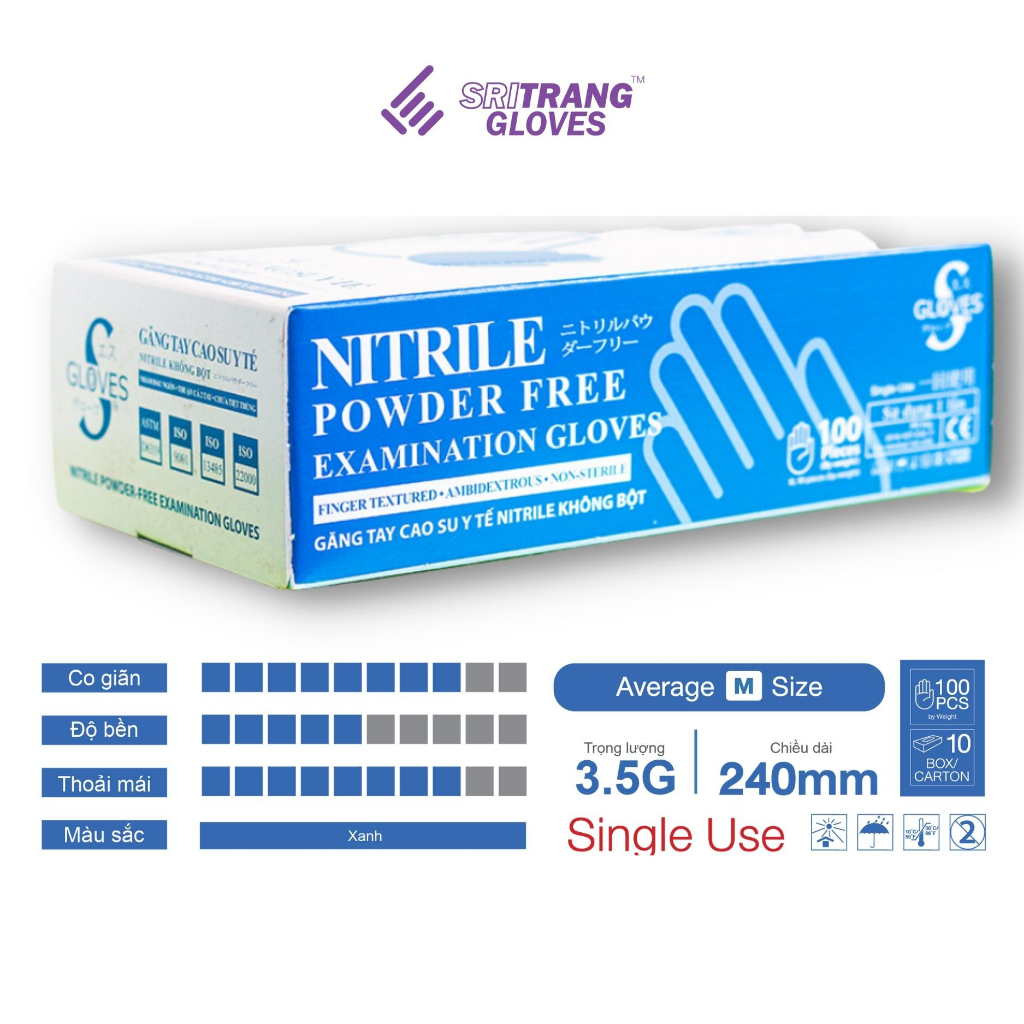 Găng tay y tế Sgloves Nitrile không bột màu xanh 3.5g 100 chiếc/hộp