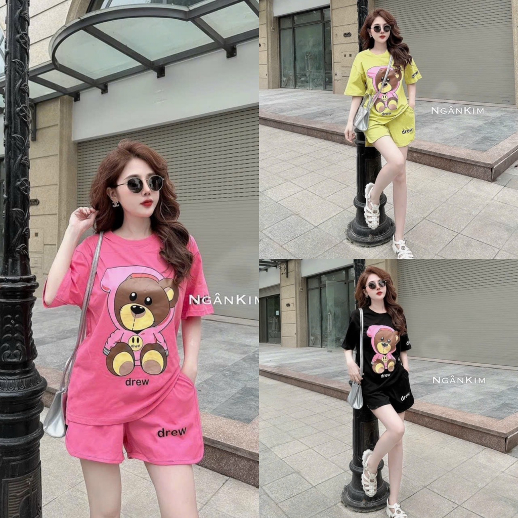 Sét bộ đồ nữ áo cotton cổ tròn họa tiết in hình gấu 3D xinh xắn mix quần đùi trẻ trung thoái mái dễ thương đi chơi