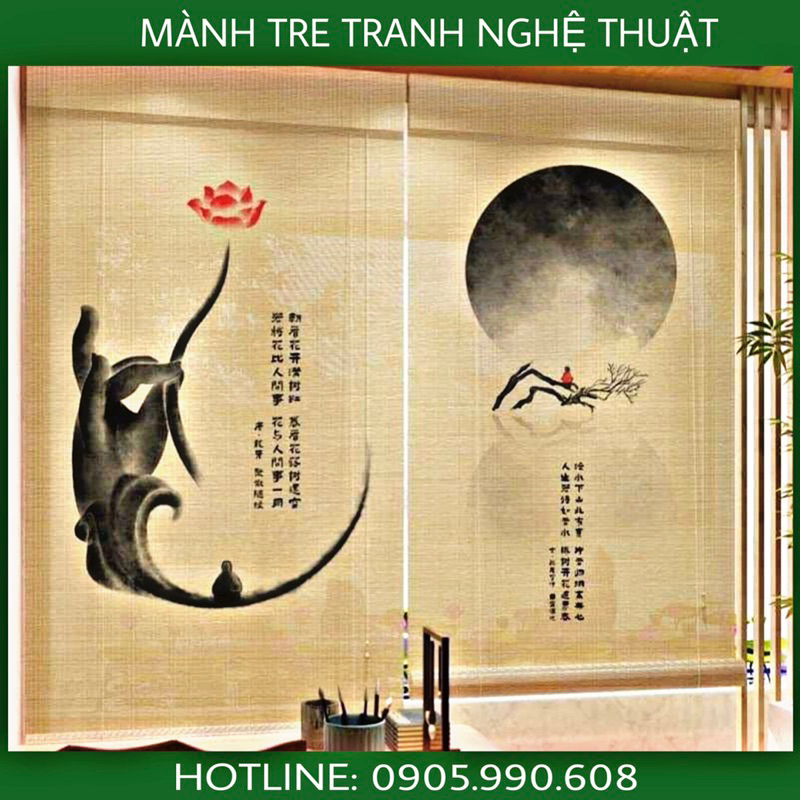 Mành tre in tranh trang trí. Mành rèm tre trúc tranh nghệ thuật. IB kích thước khác. Phông nền mành tre, vách ngăn tre.