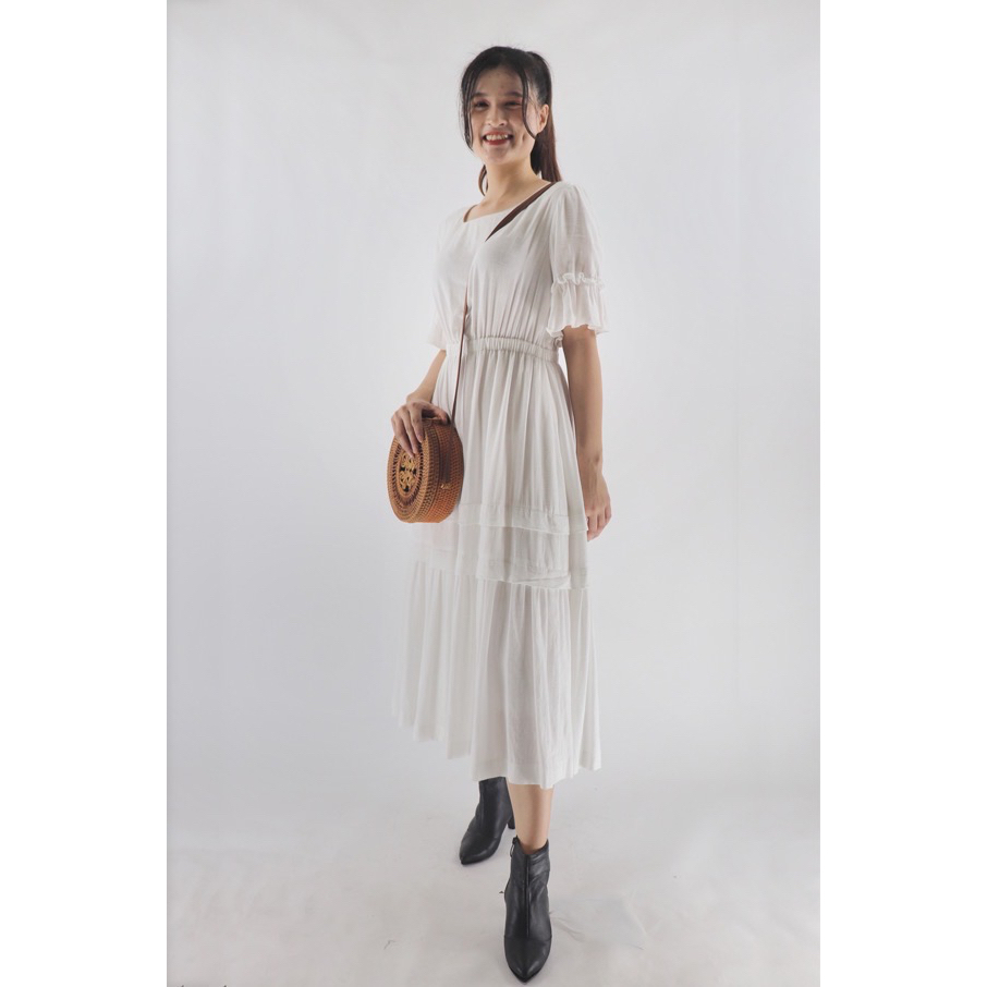 Đầm vintage cổ thuyền , tay ngắn dún, rã eo dún 1,5l- trắng- cotton