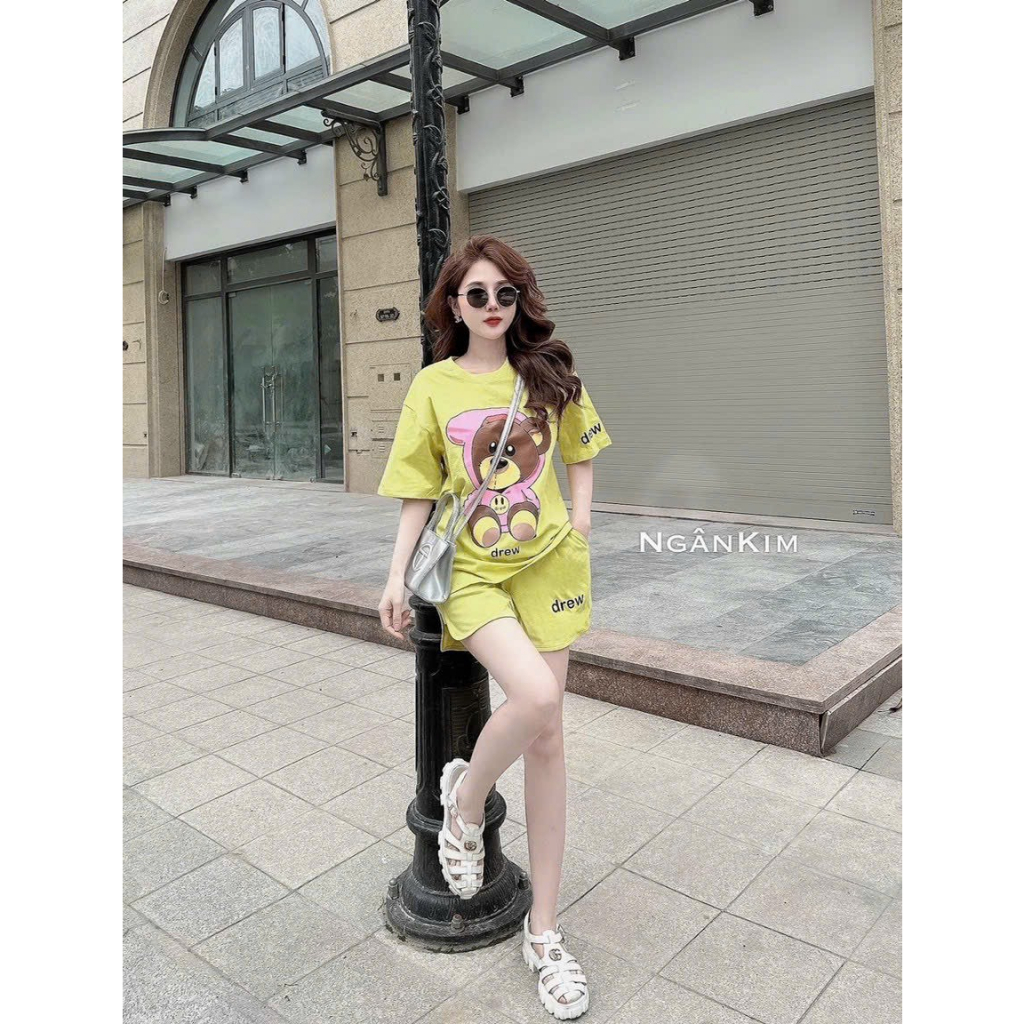 [5.5 Sales Freeship] Set bộ thun đùi chất cotton mặc đi chơi, set áo thun tay ngắn in gấu phối quần short đùi cute dx