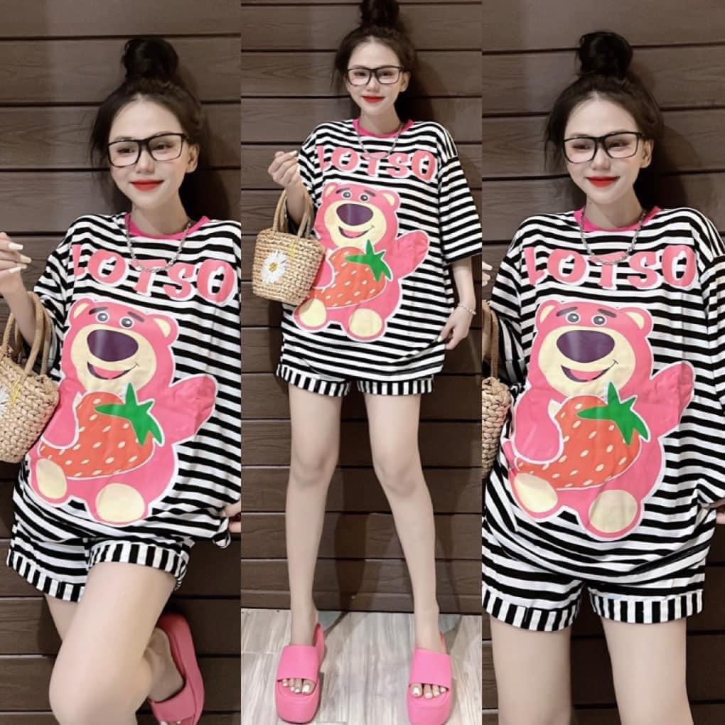 [5.5 Sales Freeship] Set bộ thun đùi kẻ sọc tay ngắn in gấu dâu dễ thương, bộ thun đùi sọc ngang from rộng cute mtb