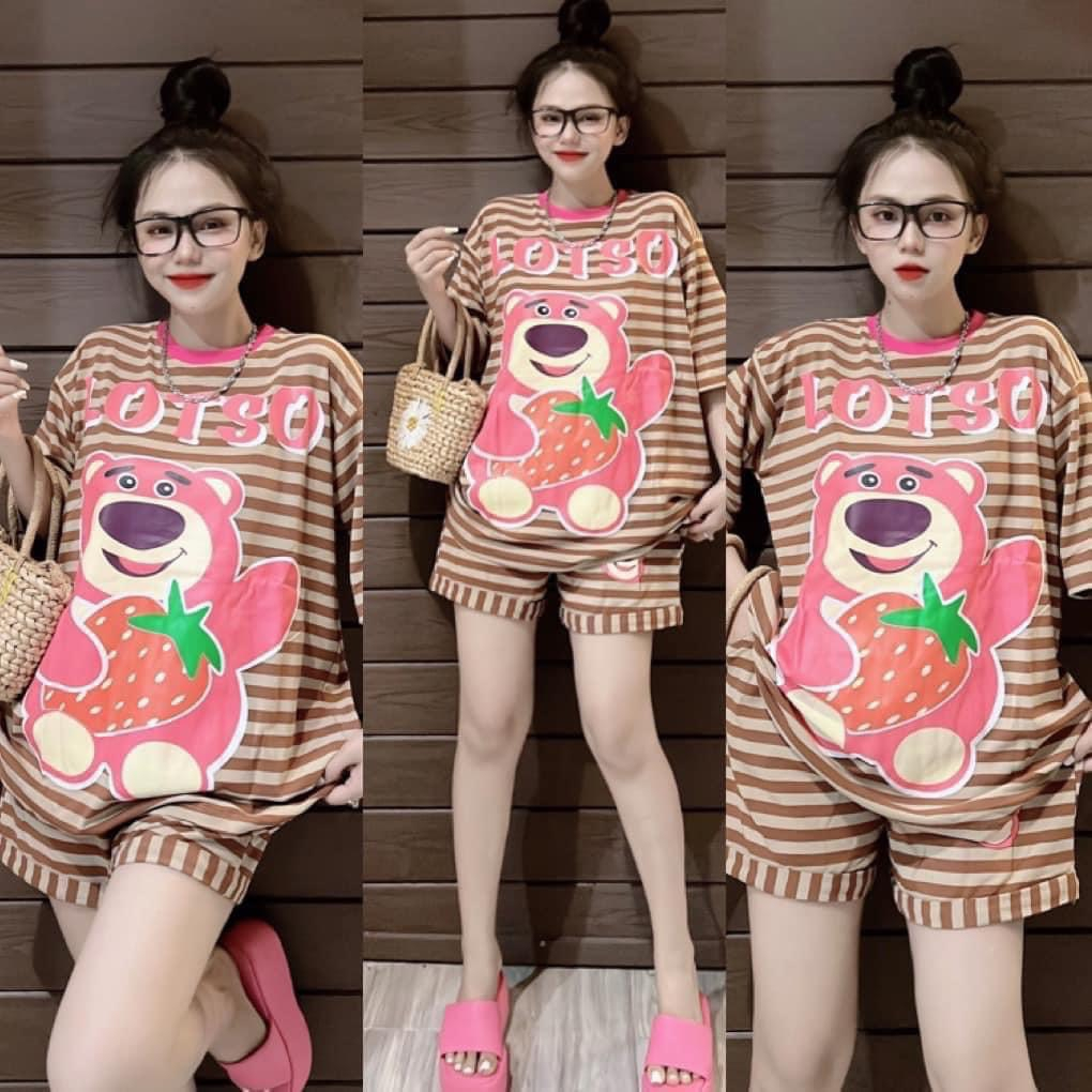 [5.5 Sales Freeship] Set bộ thun đùi kẻ sọc tay ngắn in gấu dâu dễ thương, bộ thun đùi sọc ngang from rộng cute mtb
