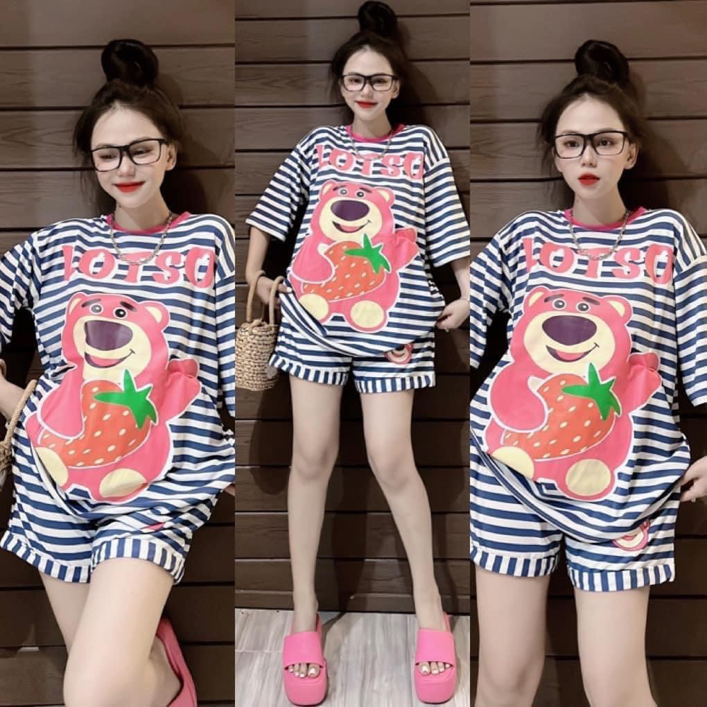 [5.5 Sales Freeship] Set bộ thun đùi kẻ sọc tay ngắn in gấu dâu dễ thương, bộ thun đùi sọc ngang from rộng cute mtb