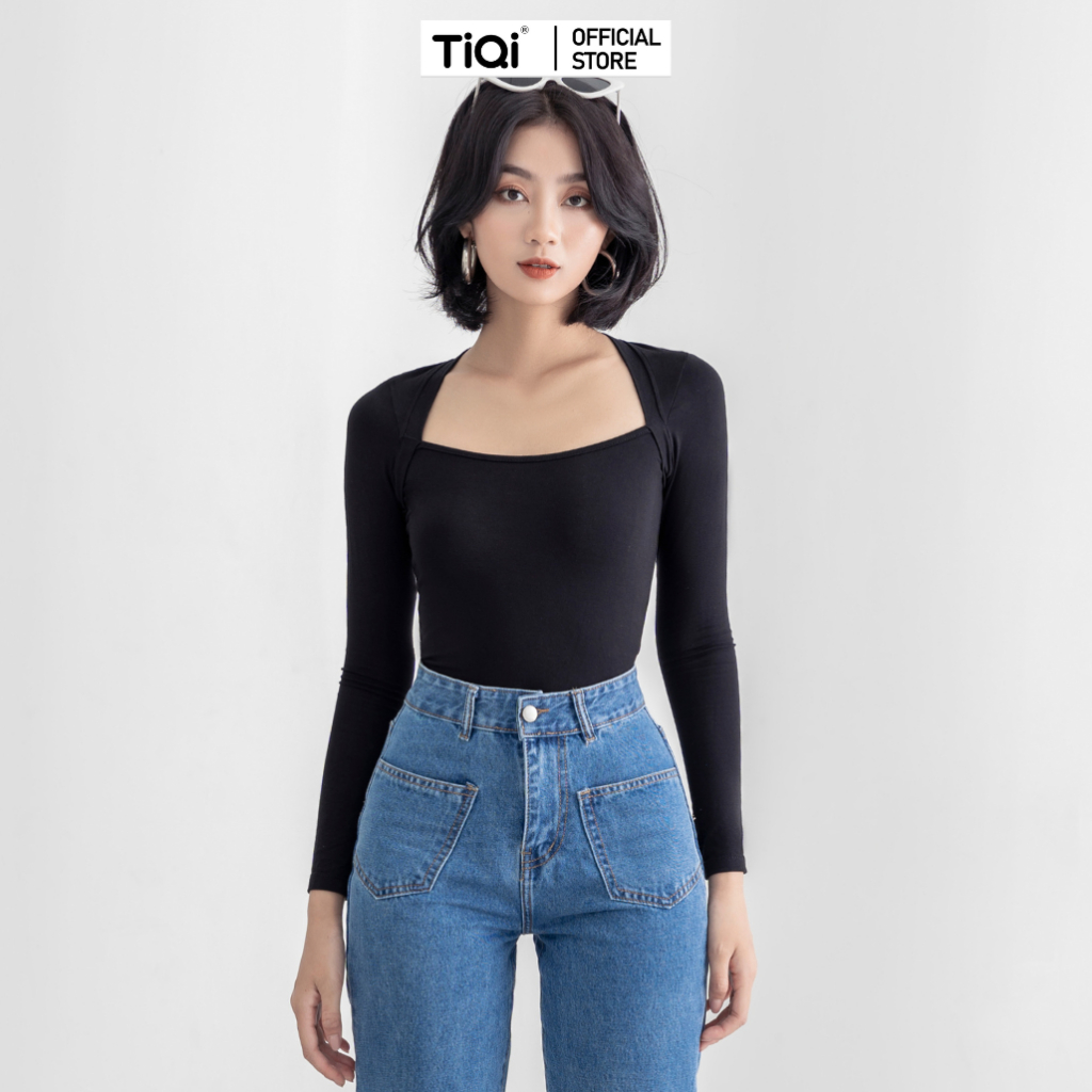 Áo croptop nữ tay dài vải lụa cotton cổ vuông nhiều màu TiQi Jeans A154