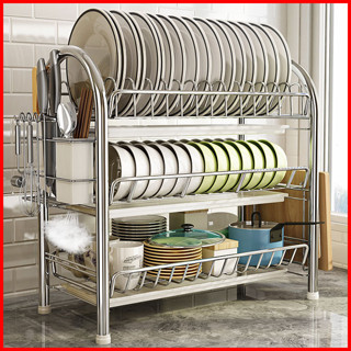 Giá để bát đĩa 3 tầng inox 26x39x49cm - Kệ chạn úp chén đũa đa năng kèm 3 khay hứng nước, ống cắm đũa thìa