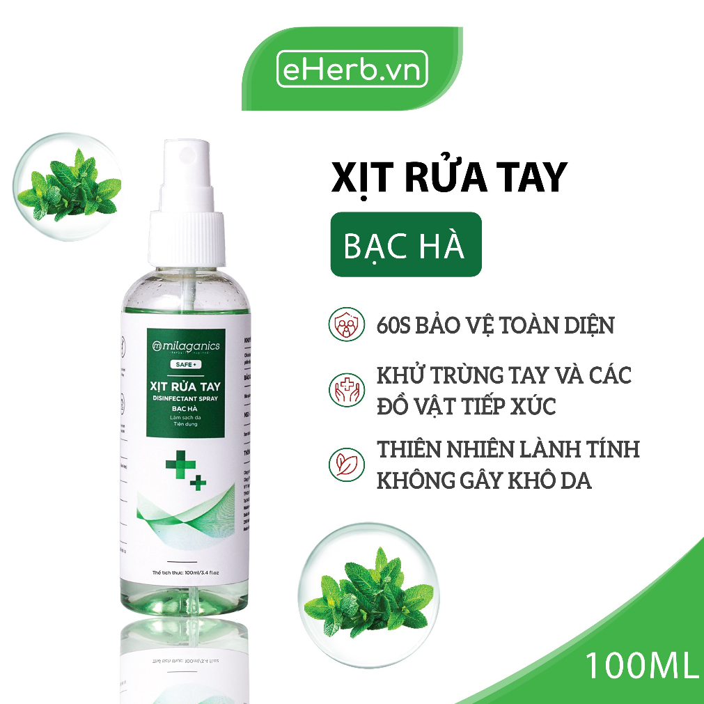 Nước Rửa Tay Khô Bạc Hà Làm Sạch Vượt Trội, X3 Dưỡng Ẩm Không Gây Khô Da MILAGANICS 100ml (Chai)