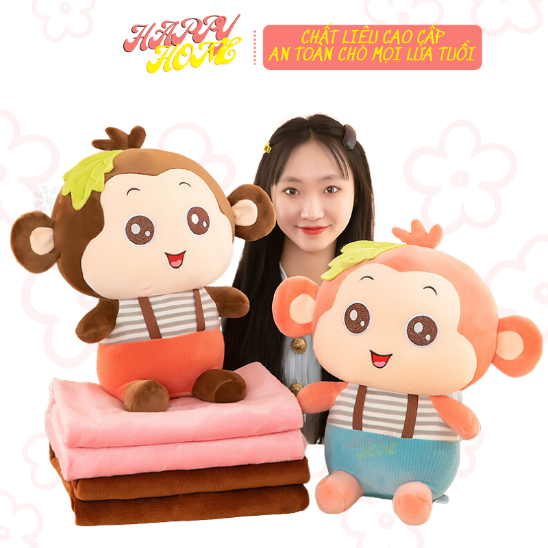 Gấu bông có mền, chăn gối văn phòng 3 trong 1 hình khỉ mặc áo cute Happy Home