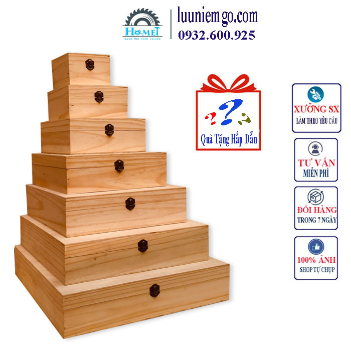 Hộp Gỗ Đựng Quà Đẹp Có Khóa Và Bản lề Chắc Chắn 4cm  Mẫu Đẹp, Sang Trọng. Bằng Gỗ Thông Cao Cấp. Nhiều Size.