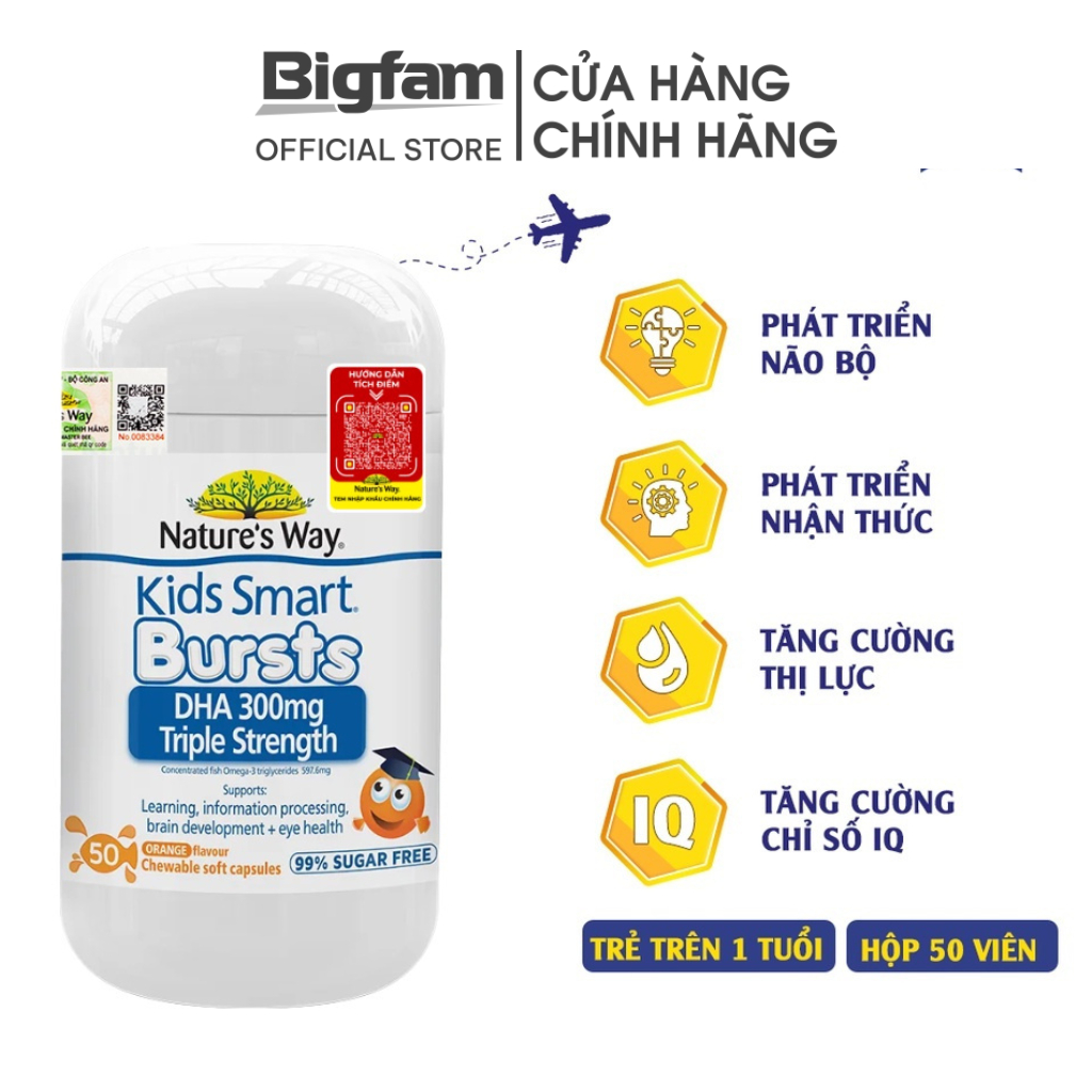 Viên Nhai Bigfam Nature's Way Kids Smart DHA 300mg Triple Strength Tăng Cường Sự Phát Triển Của Trẻ 50 Viên