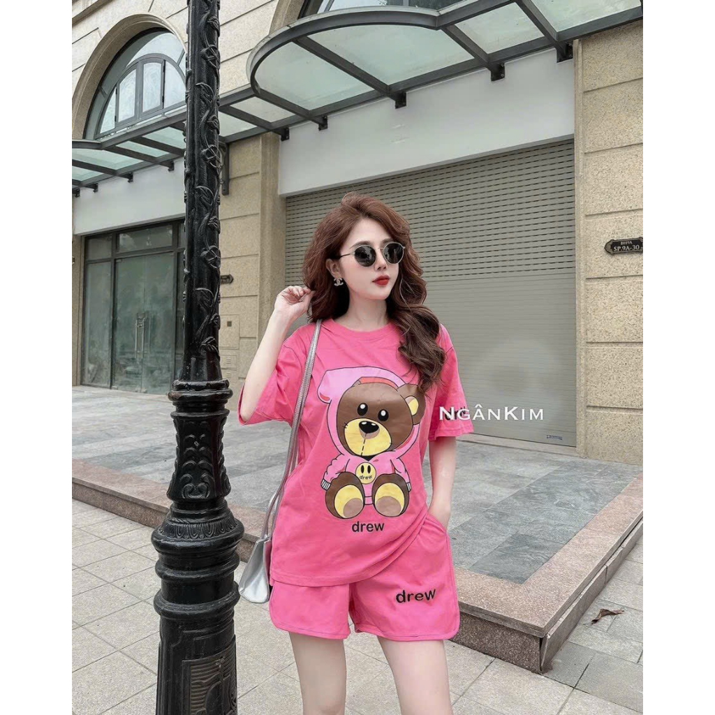 Sét bộ đồ nữ áo cotton cổ tròn họa tiết in hình gấu 3D xinh xắn mix quần đùi trẻ trung thoái mái dễ thương đi chơi