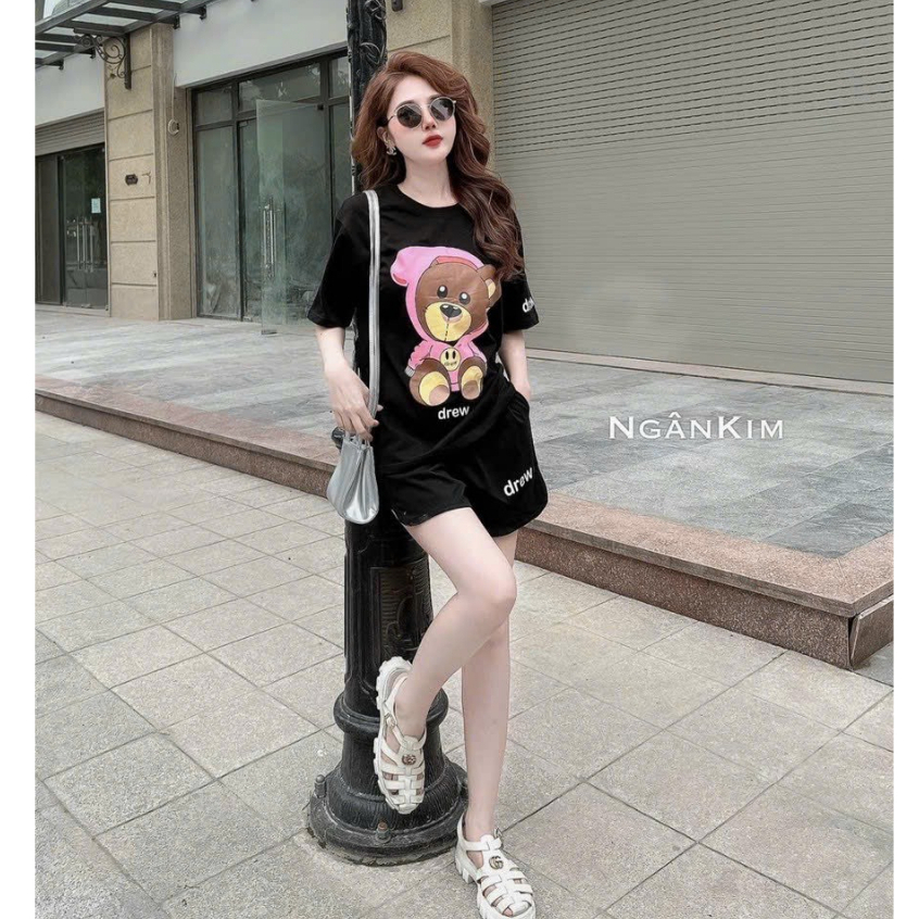 Sét bộ đồ nữ áo cotton cổ tròn họa tiết in hình gấu 3D xinh xắn mix quần đùi trẻ trung thoái mái dễ thương đi chơi