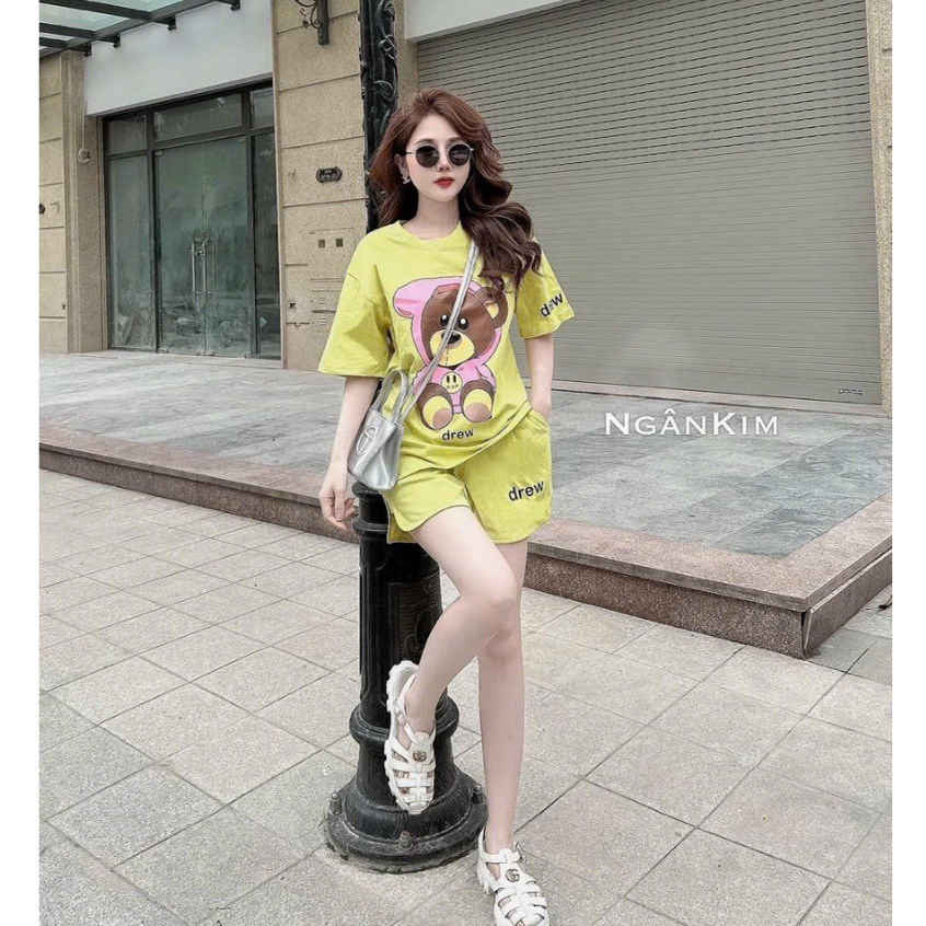 Sét bộ đồ nữ áo cotton cổ tròn họa tiết in hình gấu 3D xinh xắn mix quần đùi trẻ trung thoái mái dễ thương đi chơi