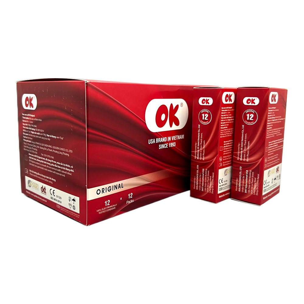 Bao cao su gia đình Ok Original hộp 12 chiếc tiêu chuẩn Mỹ giá rẻ tiết kiệm