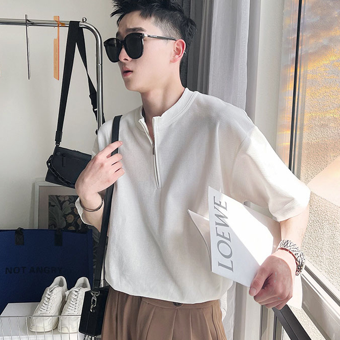 Áo Phông Tay Lỡ Nam Nữ Basic Thun Form Rộng Cổ Khoá Hàn Quốc Chất Vải Cá Sấu Tc