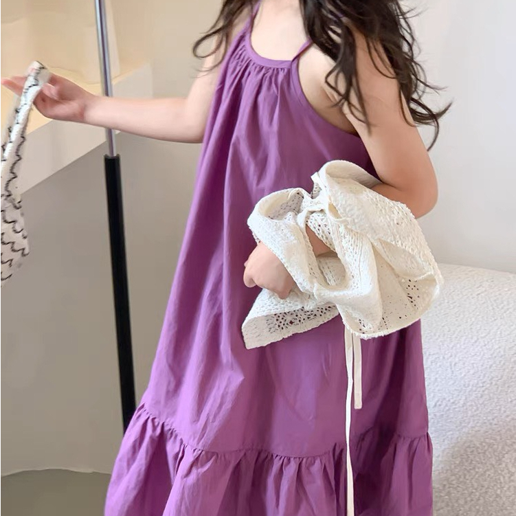 Váy hai dây bé gái YURICANDY, váy hai màu tím, phối bèo, kèm áo khoác ren ngoài cho bé đi biển