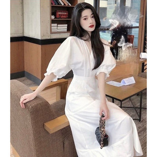 🆕🆕🆕 🍁ĐẦM MIDI TRẮNG XẾP NGỰC CỔ V TAY PHỒNG HỞ LƯNG  🍁