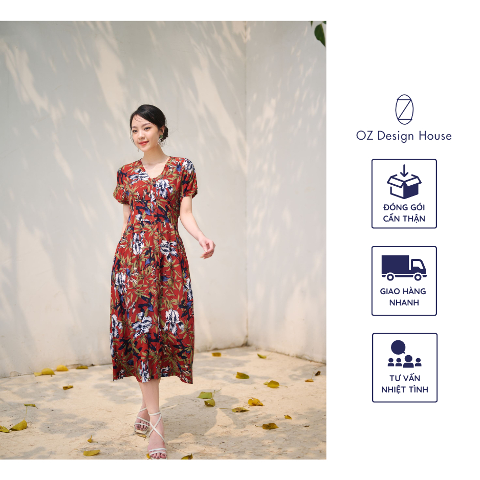 Đầm dáng suông OZ Design House DA21371SUM23 lanh tơ cổ in nền đỏ nâu in hoa