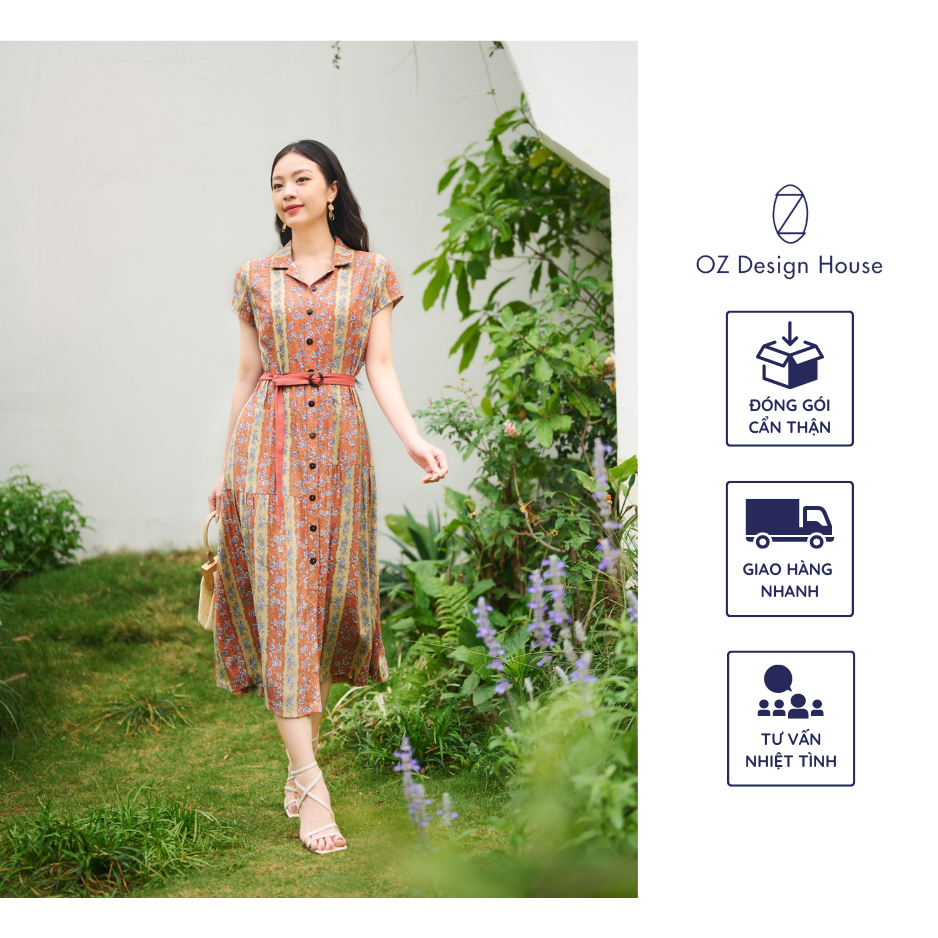 Đầm nữ OZ Design House DA28379XHE23 lanh tơ cổ nam thắt dây lưng nền nâu in hoa