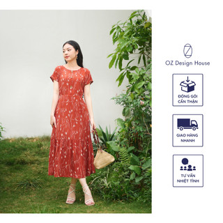Đầm nữ oz design house da26364xhe23 lanh tơ cổ tròn bèo gấu nền cam đỏ in hoa