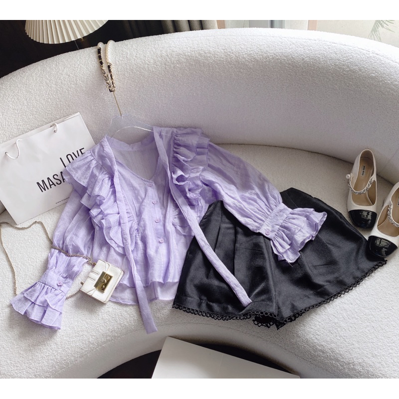 SET ÁO SƠ MI TÍM PHỐI BÈO KÈM QUẦN SHORTS ĐEN