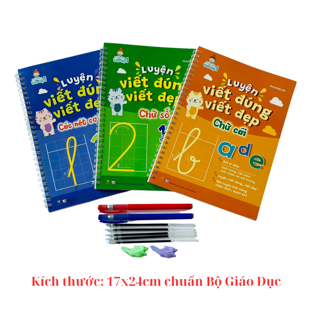 Bộ 3 Vở Tập Viết Tặng Kèm Bút Tự Bay Màu Cho Bé Chuẩn Bị Vào Lớp 1 ( Vở:Chữ cái - Chữ số - Các nét cơ bản)