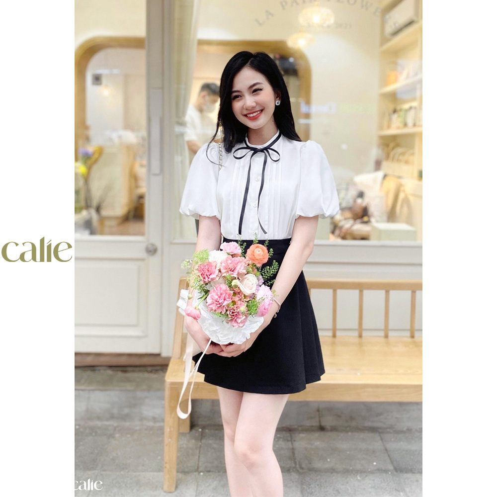 Áo sơ mi cổ tàu tay bồng xếp ly nơ cổ nữ tính CALIE AC231